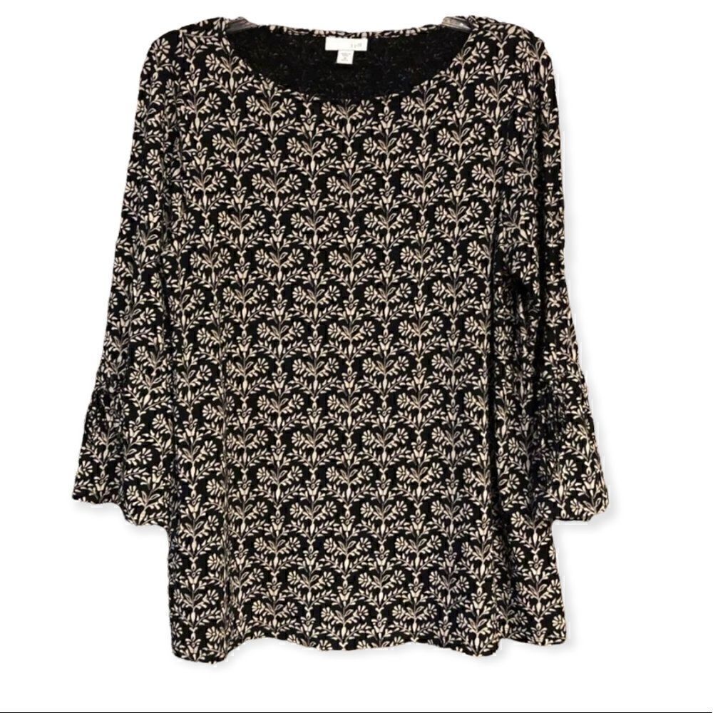 J. Jill Sz M Black Beige Floral Relaxed Fit Flared Sleeves Casual Workwear Top